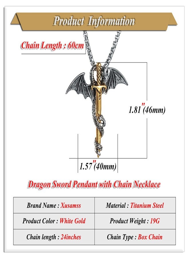 Xusamss Punk Titanium Steel Dragon Sword Wing Pendant Necklaces (White Gold) - Image 2