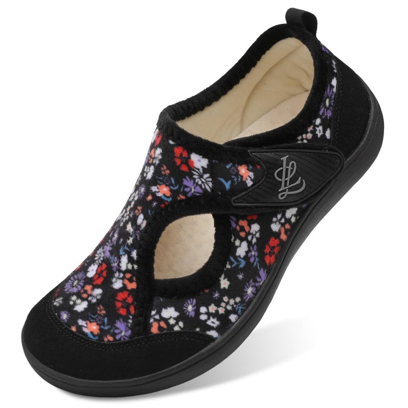 LeIsfIt Womens Diabetic Shoes Wide House Shoes Adjustable Arthritis Edema House Slippers Indoor Outdoor Black Flower Size 8 - Image 1