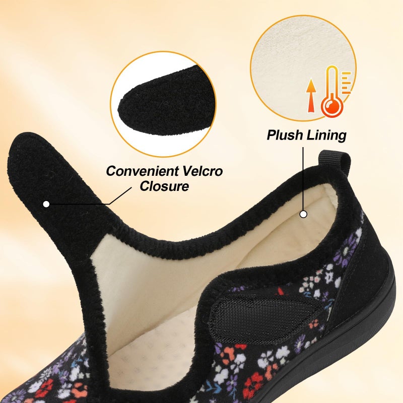 LeIsfIt Womens Diabetic Shoes Wide House Shoes Adjustable Arthritis Edema House Slippers Indoor Outdoor Black Flower Size 8 - Image 4