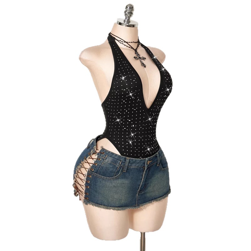 Women's Sequin and Rhinestone Deep V-Neck Halter Jumpsuit - Image 5