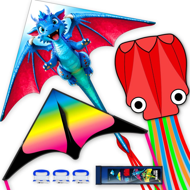 SGftre 3 Piece Set Butterfly Delta Octopus Kites for Kids and Adultsï¼ŒEasy to Fly for Outdoor Adults Children Line Kite for Kids Toy (Blue Dragon+ Delta+Octopus Red, 3) - Image 1