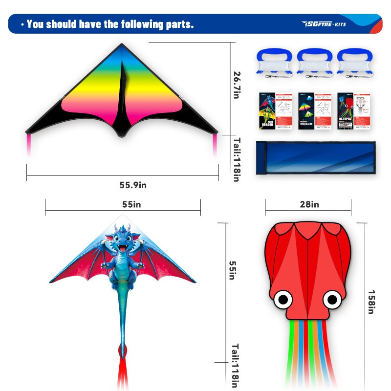 SGftre 3 Piece Set Butterfly Delta Octopus Kites for Kids and Adultsï¼ŒEasy to Fly for Outdoor Adults Children Line Kite for Kids Toy (Blue Dragon+ Delta+Octopus Red, 3) - Image 4