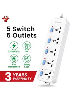 WHITE，5 Socket 5 Switch 5M Wire