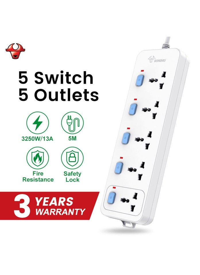 GONGNIU - Universal Extension Board 5 Socket 5 Switch 5M Wire - Image 1