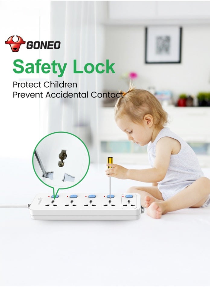 GONEO 5 Outlet Extension Cord with 5 Individual Switches, 13A 3250W Power Strip with Fast Charging USB Ports, Safety Lock, Fire Resistant, Hanging Holes, Home & Office Use - Image 4