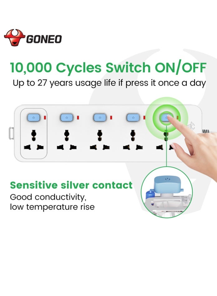 GONEO 5 Outlet Extension Cord with 5 Individual Switches, 13A 3250W Power Strip with Fast Charging USB Ports, Safety Lock, Fire Resistant, Hanging Holes, Home & Office Use - Image 5