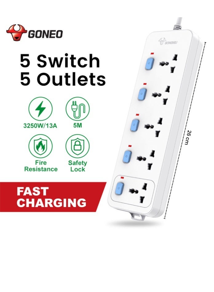 GONEO 5 Outlet Extension Cord with 5 Individual Switches, 13A 3250W Power Strip with Fast Charging USB Ports, Safety Lock, Fire Resistant, Hanging Holes, Home & Office Use - Image 1