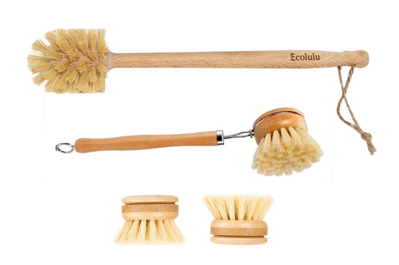 Ecolulu - Zero Waste Eco-friendly Products ECOLULU Natural Bamboo Dish Brush  Wood Bottle Brush for Wide Mouth Bottles Cups and Jars 2 Replacement Heads included 4 units total Biodegradable Eco Friendly Products 