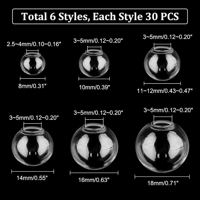 PH PandaHall 180pcs Mini Glass Globe, 6 Size Glass Ball Bottles Orbs Ball Wish Ball Spheres UV Planet Crystal Craft Bottle for UV Resin Dice Pendant Charms Earring Making 8~18mm - Image 2
