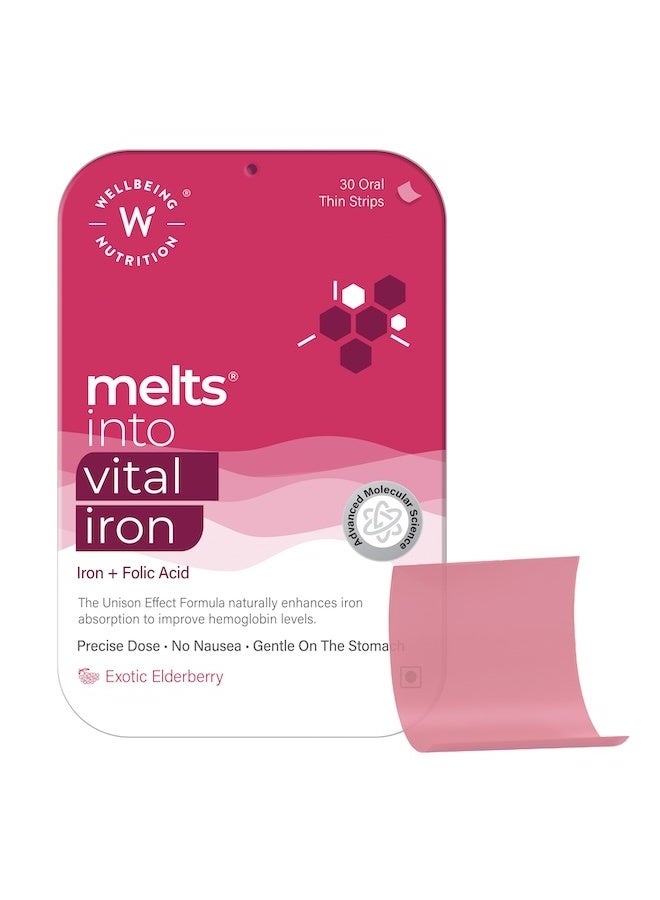 WELLBEING NUTRITION Melts Vital Iron 19mg | Doctor Formulated Chelated Iron, Vitamin C, Folic Acid, Zinc, Beetroot, Pumpkin Seed for Hemoglobin, Anemia & Blood Building, 30 Oral Strips - Image 1