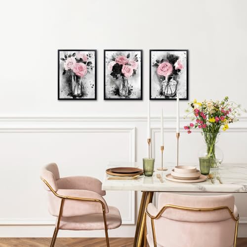 Visual Art Decor Flower Painting Floral Pictures Canvas Print, Woman Girls Bathroom Decor Bedroom Wall Decor Framed 12x16inchx3Pieces, Black Frame (Pink) - Image 3