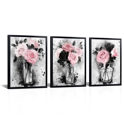 Visual Art Decor Flower Painting Floral Pictures Canvas Print, Woman Girls Bathroom Decor Bedroom Wall Decor Framed 12x16inchx3Pieces, Black Frame (Pink) - Image 1