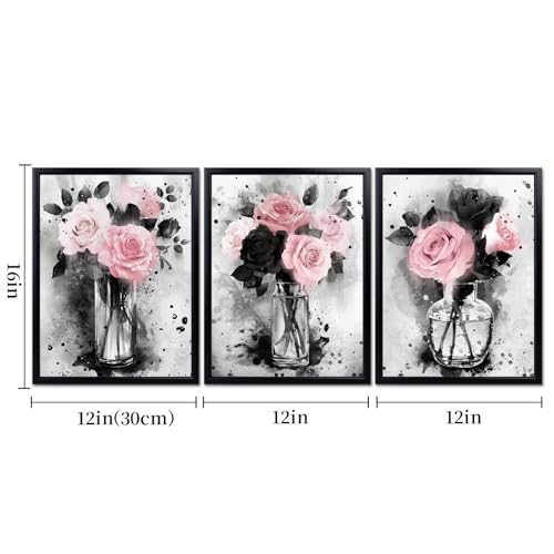 Visual Art Decor Flower Painting Floral Pictures Canvas Print, Woman Girls Bathroom Decor Bedroom Wall Decor Framed 12x16inchx3Pieces, Black Frame (Pink) - Image 4