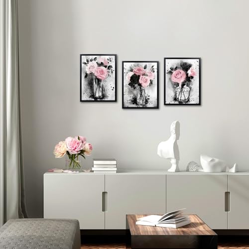 Visual Art Decor Flower Painting Floral Pictures Canvas Print, Woman Girls Bathroom Decor Bedroom Wall Decor Framed 12x16inchx3Pieces, Black Frame (Pink) - Image 5