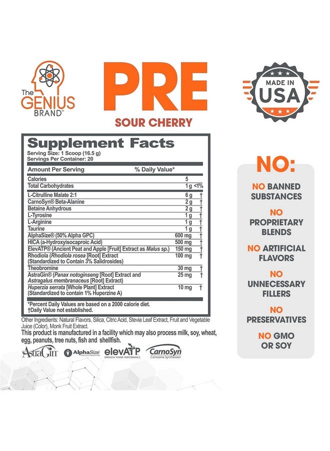 The Genius Brand Genius Pre Caffeine-Free Pre Workout Boosted Energy, Focus, Performance Nootropic Formula AlphaSize, Citrulline Malate, CarnoSyn Beta Alanine Endurance, Stamina, Recovery, 20 Servings - Sour Cherry - Image 3
