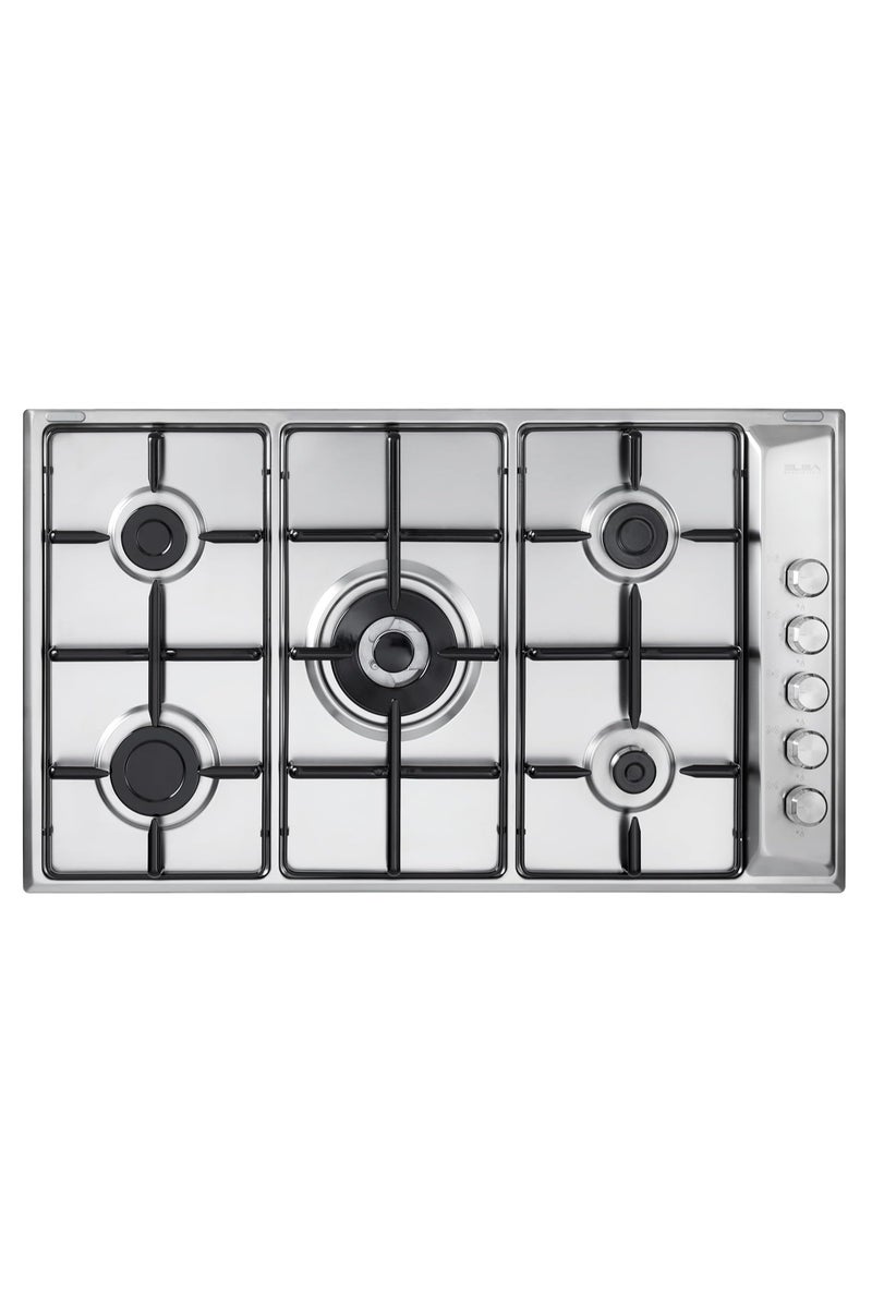 ELBA - 90cm Stainless Steel 5 Zone Gas Cooktop - Tripple Ring Central Burner - Electronic-Ignition - Safety Devices - Dishwashable Enamel Pan Supports + Wok Stand - Italian Technology