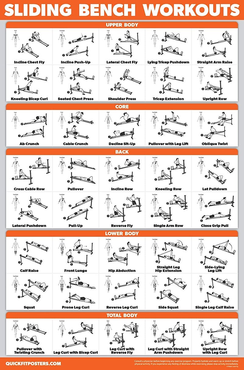 Palace Learning QUICKFIT Sliding Bench Workout Poster - Compatible with Total Gym, Weider Ultimate Body Works - Incline Bench Exercise Chart (LAMINATED, 18" x 24") - Image 1