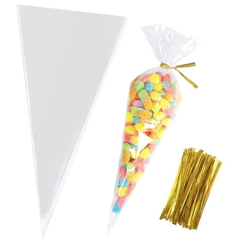 Morepack Cone Shaped Cellophane Treat Bags, 5x10 Inches Clear Triangle Plastic Bags for Popcorn Favor, Candy, 100 Pieces - Image 1