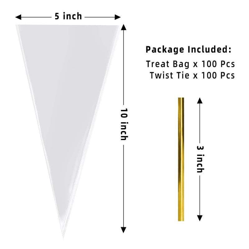 Morepack Cone Shaped Cellophane Treat Bags, 5x10 Inches Clear Triangle Plastic Bags for Popcorn Favor, Candy, 100 Pieces - Image 2