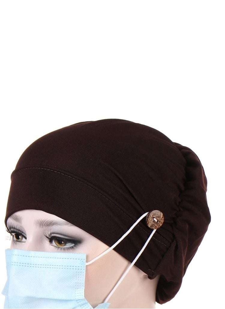 Loquat - Solid Button Pullover Cap Dark Brown - Image 1