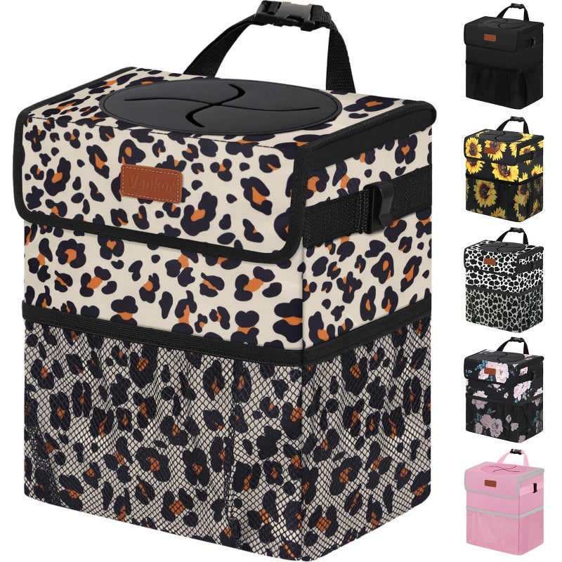 Vankor Cute Car Trash Can, Car Accessories for Women Interior Can Trash Bag Hanging Automotive Garbage Cans Leopard Pattern - Image 1