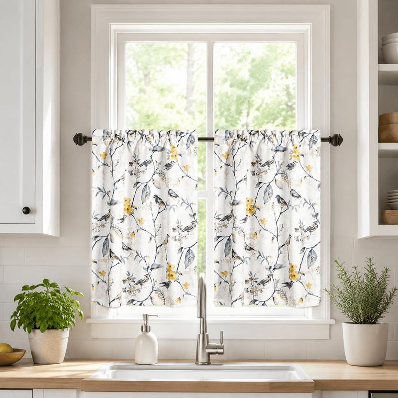 Blue Bird & Flower Pattern Window Curtains, 42x54 Inches, 2 Panels - Image 2