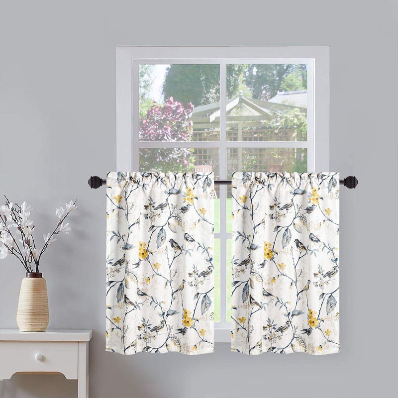 Blue Bird & Flower Pattern Window Curtains, 42x54 Inches, 2 Panels - Image 1