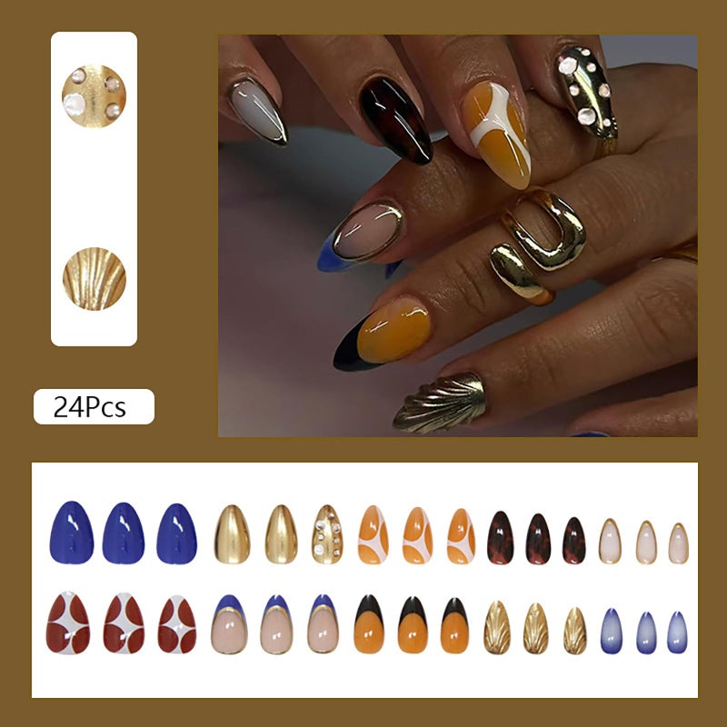 ASABITE 24 Pcs 3D Almond Press on Nails Medium Fake Nails with Glue Artificial Acrylic Nails French Tip False Nails with Glitter Rhinestone Design Handmade Nails Press ons Reusable Stick on Nails for Women - Image 2
