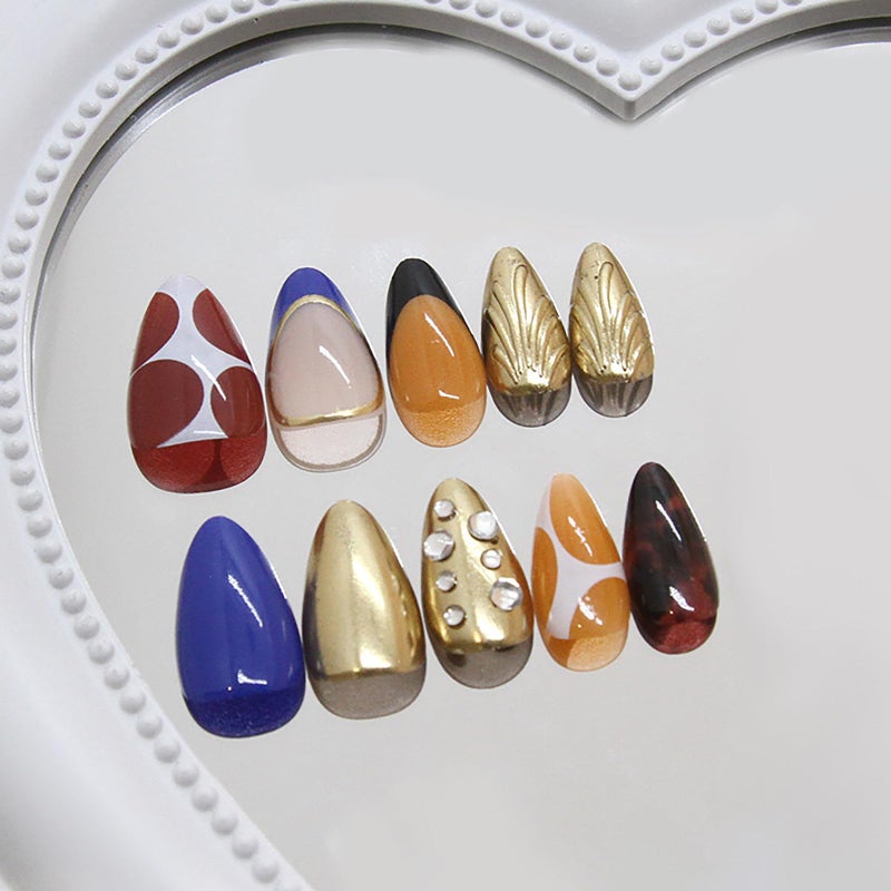 ASABITE 24 Pcs 3D Almond Press on Nails Medium Fake Nails with Glue Artificial Acrylic Nails French Tip False Nails with Glitter Rhinestone Design Handmade Nails Press ons Reusable Stick on Nails for Women - Image 3