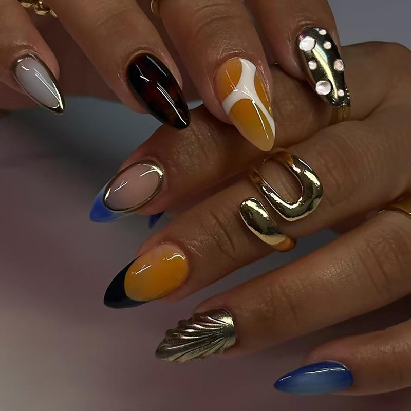 ASABITE 24 Pcs 3D Almond Press on Nails Medium Fake Nails with Glue Artificial Acrylic Nails French Tip False Nails with Glitter Rhinestone Design Handmade Nails Press ons Reusable Stick on Nails for Women - Image 1