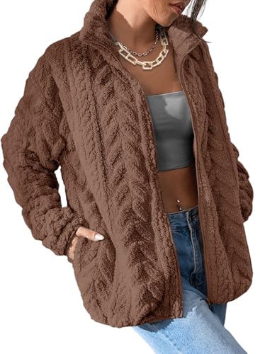 Dokotoo Women Fleece Winter Jackets Zip Up Sherpa Casual Long Sleeves Tops Side Pockets Christmas Shackets Oversized Coats Baggy Outerwears,Chestnut XX-Large - Image 5