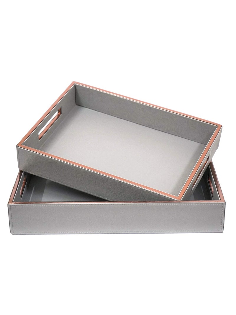 Azyeea Rectangular Faux Leather Serving Tray Set for Dining Table, Decoration, Parties, Storage, Utensils, Home décor Paper Tray and Folders Holder for Desk Organizer Accessories (Grey) - Image 1