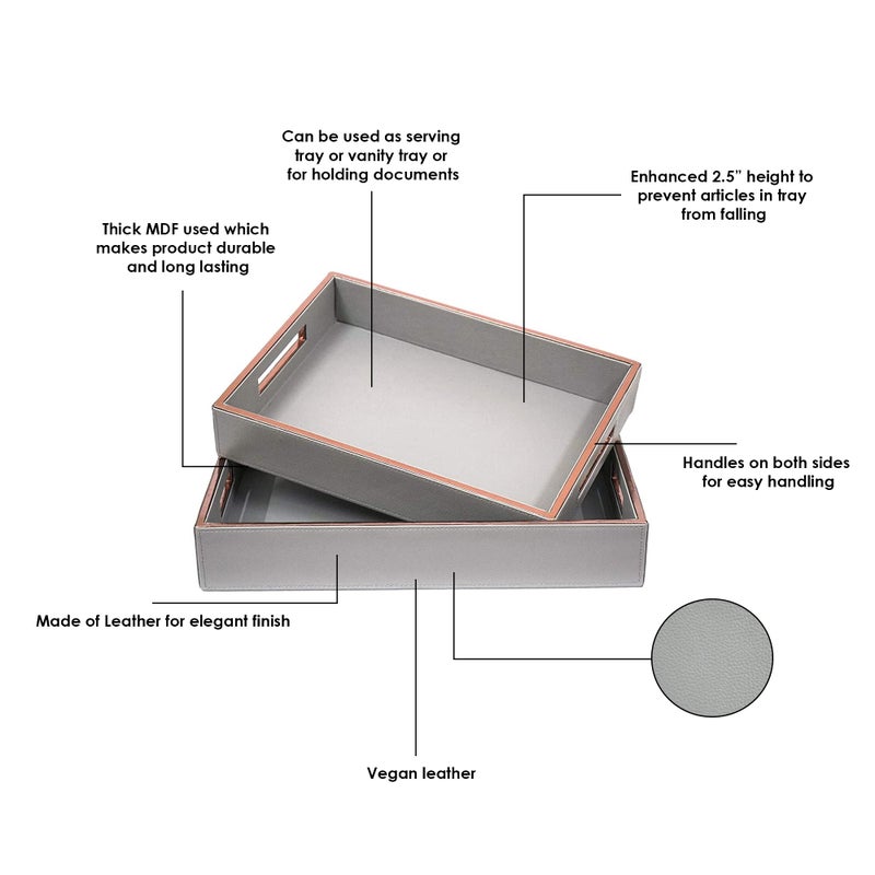 Azyeea Rectangular Faux Leather Serving Tray Set for Dining Table, Decoration, Parties, Storage, Utensils, Home décor Paper Tray and Folders Holder for Desk Organizer Accessories (Grey) - Image 2