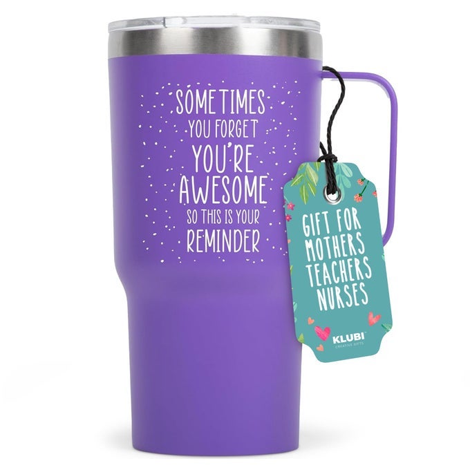 BIRTHDAY GIFTS FOR MOM FROM DAUGHTER SOMETIMES YOU FORGET YOUR AWESOME GIFT 20 OUNCE VACUUM INSULATED TUMBLER WITH HANDLE PURPLE GIFTS FOR WOMEN BIRTHDAY YOU ARE AWESOME PURPLE COFFEE MUGS