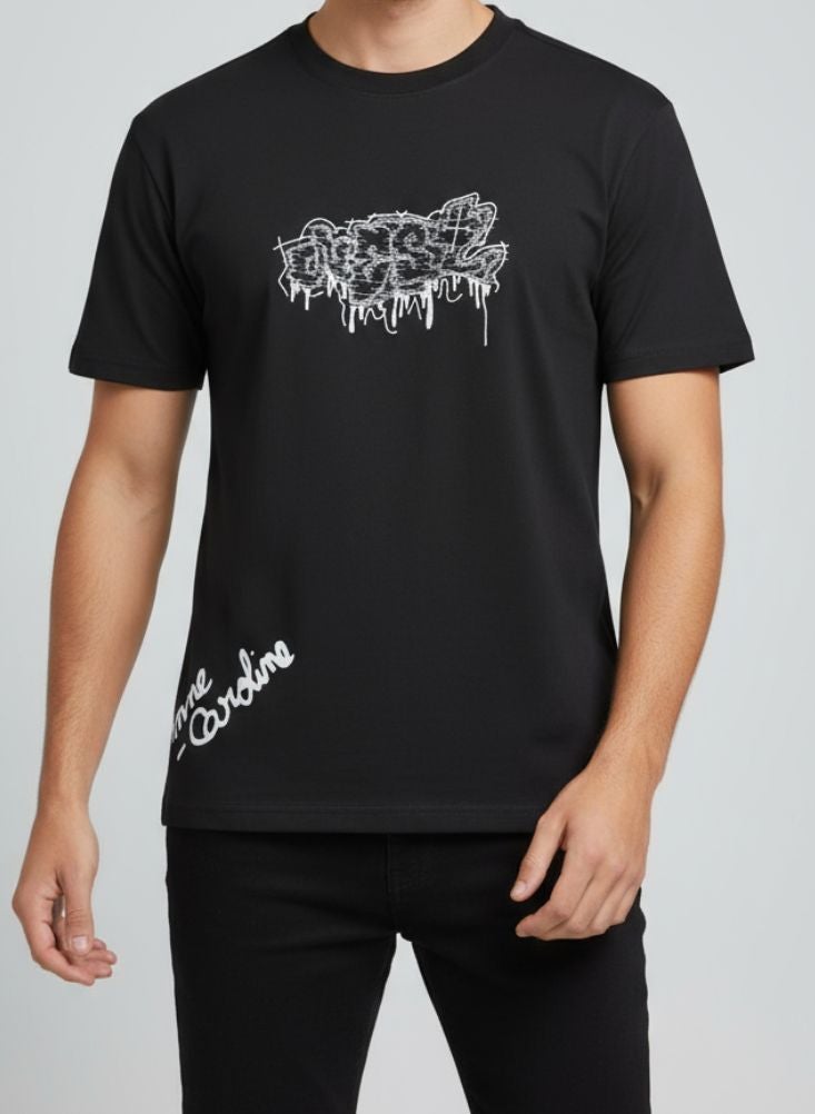 Premium Black Graphic Print T-Shirt for Men – White Drip Graffiti Design, Short Sleeve Urban Tee - Image 2