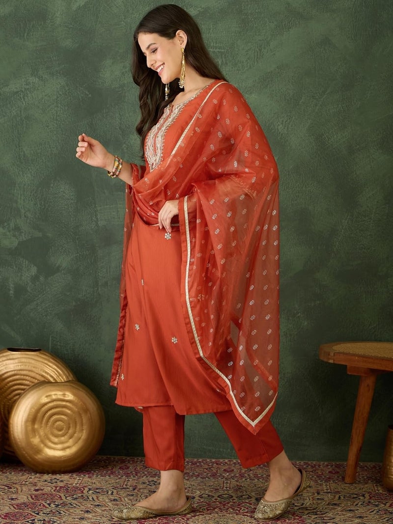 Naixa Women's Rayon Embroidered Straight Kurta Pant Dupatta Set – Ethnic Wear, 3-Piece Set for Wedding and Festival (NX-785-Rust-XXL) - Image 3
