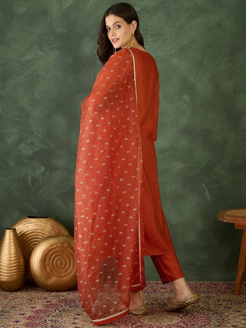 Naixa Women's Rayon Embroidered Straight Kurta Pant Dupatta Set – Ethnic Wear, 3-Piece Set for Wedding and Festival (NX-785-Rust-XXL) - Image 4