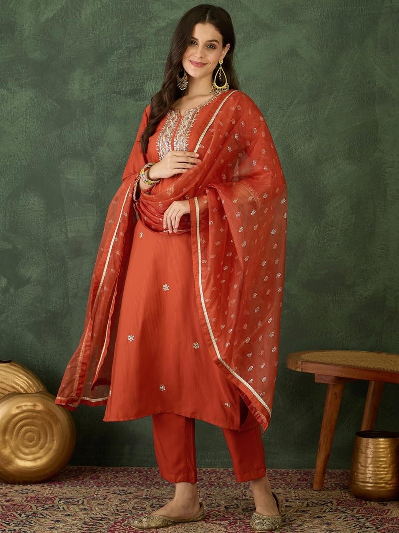 Naixa Women's Rayon Embroidered Straight Kurta Pant Dupatta Set – Ethnic Wear, 3-Piece Set for Wedding and Festival (NX-785-Rust-XXL) - Image 2