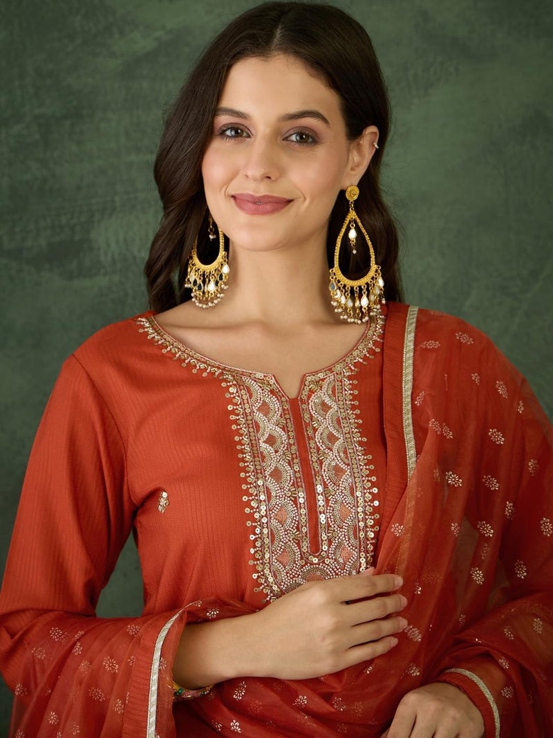 Naixa Women's Rayon Embroidered Straight Kurta Pant Dupatta Set – Ethnic Wear, 3-Piece Set for Wedding and Festival (NX-785-Rust-XXL) - Image 5