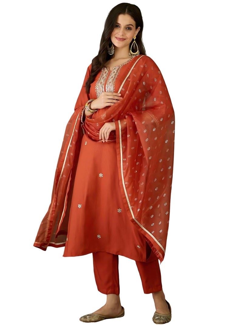 Naixa Women's Rayon Embroidered Straight Kurta Pant Dupatta Set – Ethnic Wear, 3-Piece Set for Wedding and Festival (NX-785-Rust-XXL) - Image 1