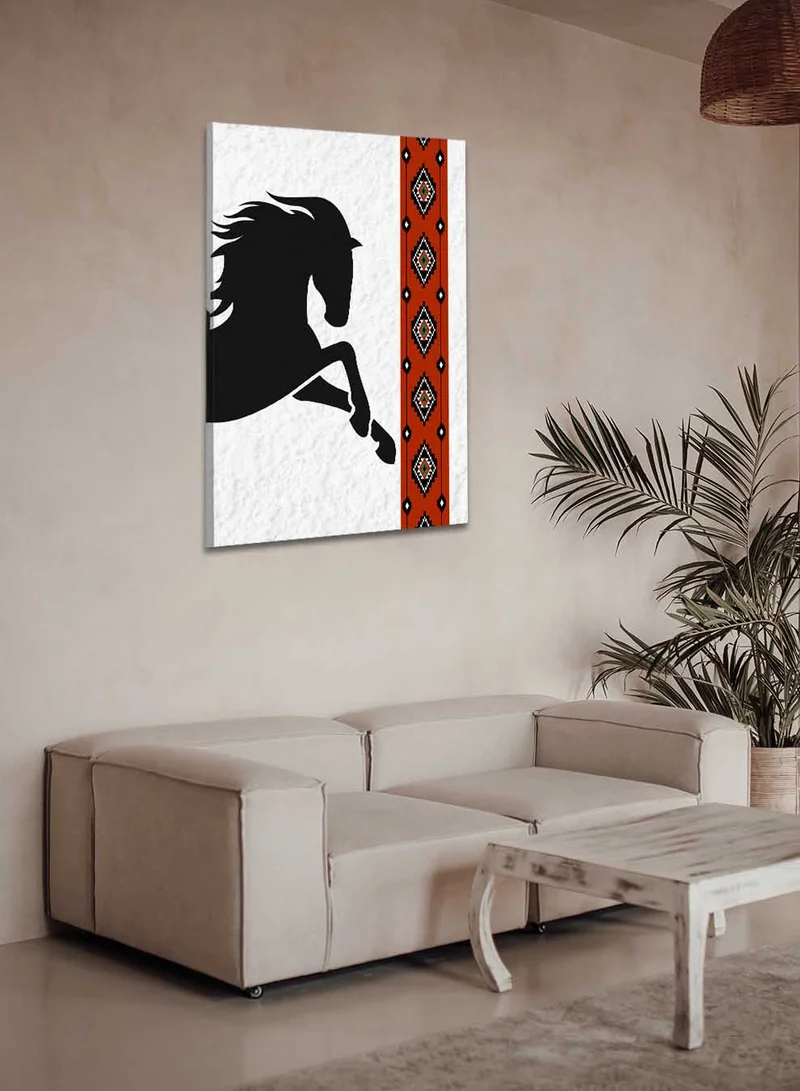 لوحة لوحة كانفاس على إطار خشبي تجسّد خيل بتصميم مستوحى من الطابع السعودي