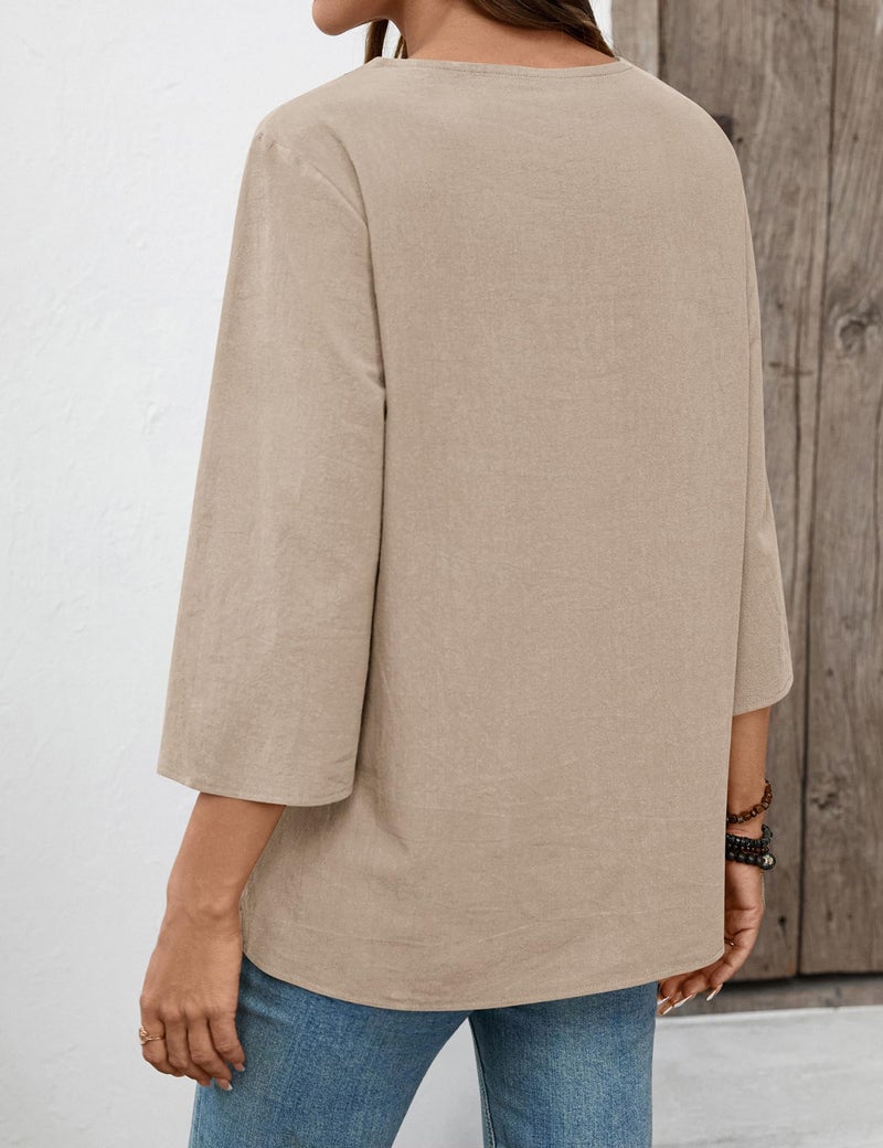 LOMON Womens Summer Tops 3/4 Sleeve Tops Dressy Casual V Neck Blouses Cotton Linen Shirts Loose Fit Peasant Tunic(Khaki,L) - Image 4