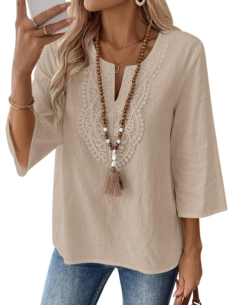 LOMON Womens Summer Tops 3/4 Sleeve Tops Dressy Casual V Neck Blouses Cotton Linen Shirts Loose Fit Peasant Tunic(Khaki,L) - Image 1