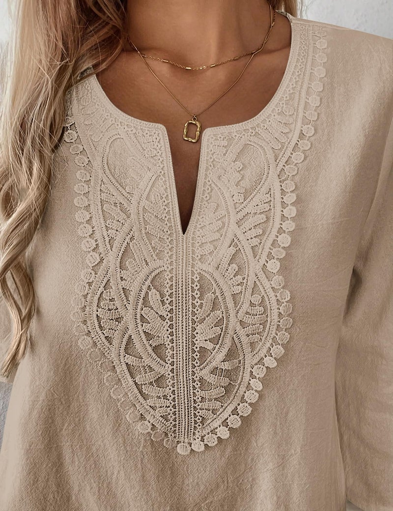 LOMON Womens Summer Tops 3/4 Sleeve Tops Dressy Casual V Neck Blouses Cotton Linen Shirts Loose Fit Peasant Tunic(Khaki,L) - Image 5
