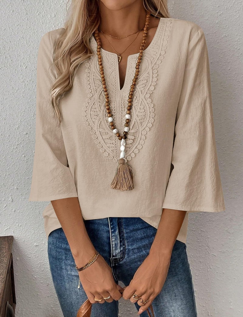 LOMON Womens Summer Tops 3/4 Sleeve Tops Dressy Casual V Neck Blouses Cotton Linen Shirts Loose Fit Peasant Tunic(Khaki,L) - Image 2