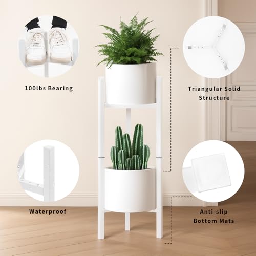 IZIDDO 2 Pack Adjustable Plant Stand Indoor, White Metal Planter Stands Outdoor Tall 2 Tier Mid Century Modern Plant Holder, Fit 8 10 12 inch Pots, Single Floor Plant Stands for Indoor Plants-2 Tier - Image 5