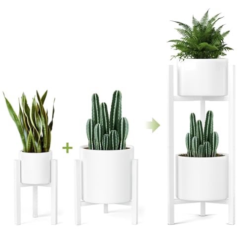 IZIDDO 2 Pack Adjustable Plant Stand Indoor, White Metal Planter Stands Outdoor Tall 2 Tier Mid Century Modern Plant Holder, Fit 8 10 12 inch Pots, Single Floor Plant Stands for Indoor Plants-2 Tier - Image 1