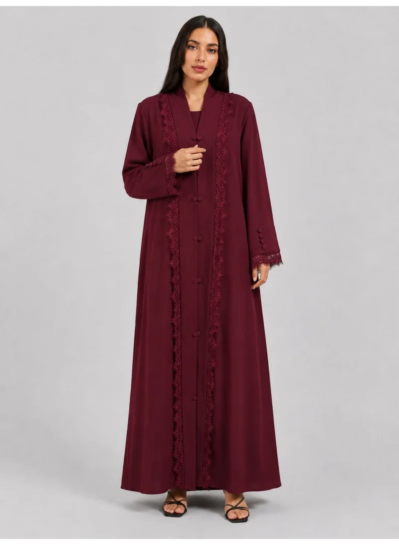 عباءات ريم Women's Maroon Lace Abaya with Matching Sheila