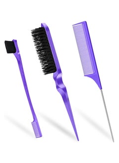 Red Blossom 3 Pcs Slick Brush Set, Plastic Bristle Hair Brush Teasing Comb Edge Hair Brush Teasing Brush Set, Rat Tail Comb Double Sided Edge Brush, for Hairdresser Women Baby Children (Purple)  - Image 1