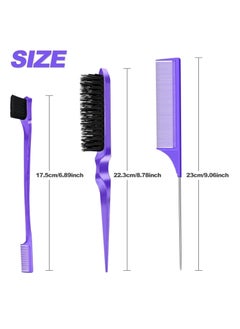 Red Blossom 3 Pcs Slick Brush Set, Plastic Bristle Hair Brush Teasing Comb Edge Hair Brush Teasing Brush Set, Rat Tail Comb Double Sided Edge Brush, for Hairdresser Women Baby Children (Purple)  - Image 2